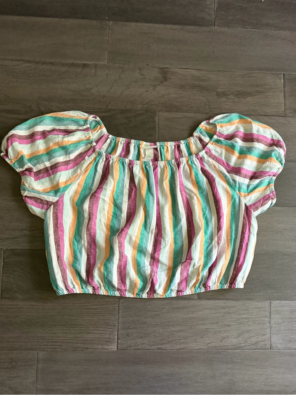 Ava & Viv Striped Puff-Sleeve Crop Top in Green, Pink, Yellow, Cream